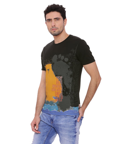 Wolfpack Men Single Step Black Printed T-Shirt Wolfpack