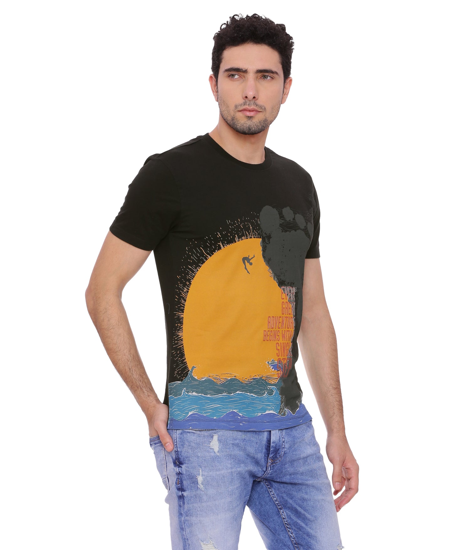 Wolfpack Men Single Step Black Printed T-Shirt Wolfpack