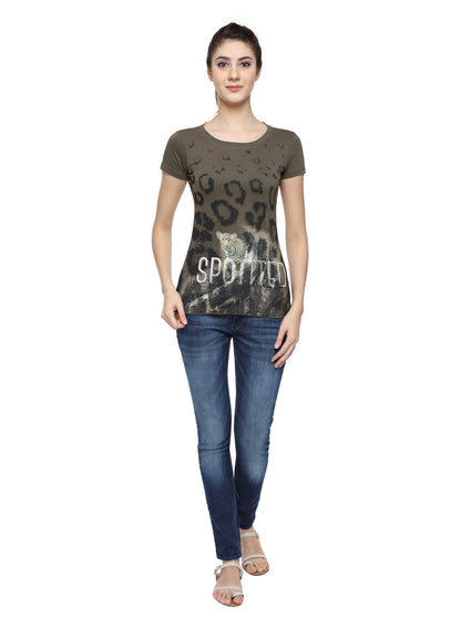Wolfpack Spotted Army Green Printed Women T-Shirt
