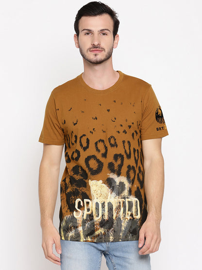 Spotted Greenish Brown Printed Men T-Shirt Wolfpack