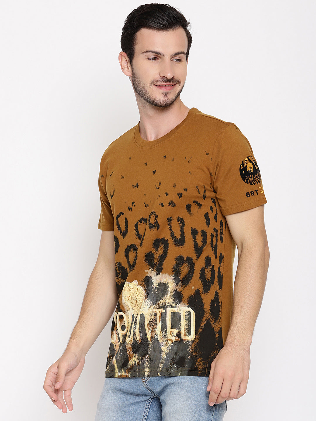 Spotted Greenish Brown Printed Men T-Shirt Wolfpack