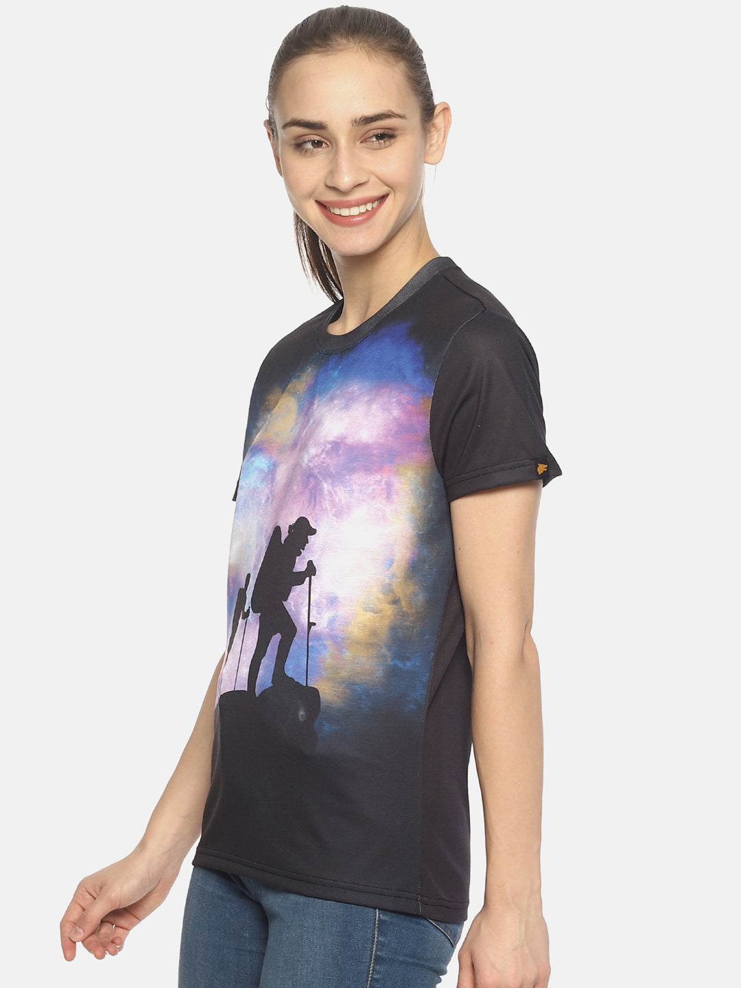 Wolfpack Star Trails Trekking Black Printed Women T-Shirt