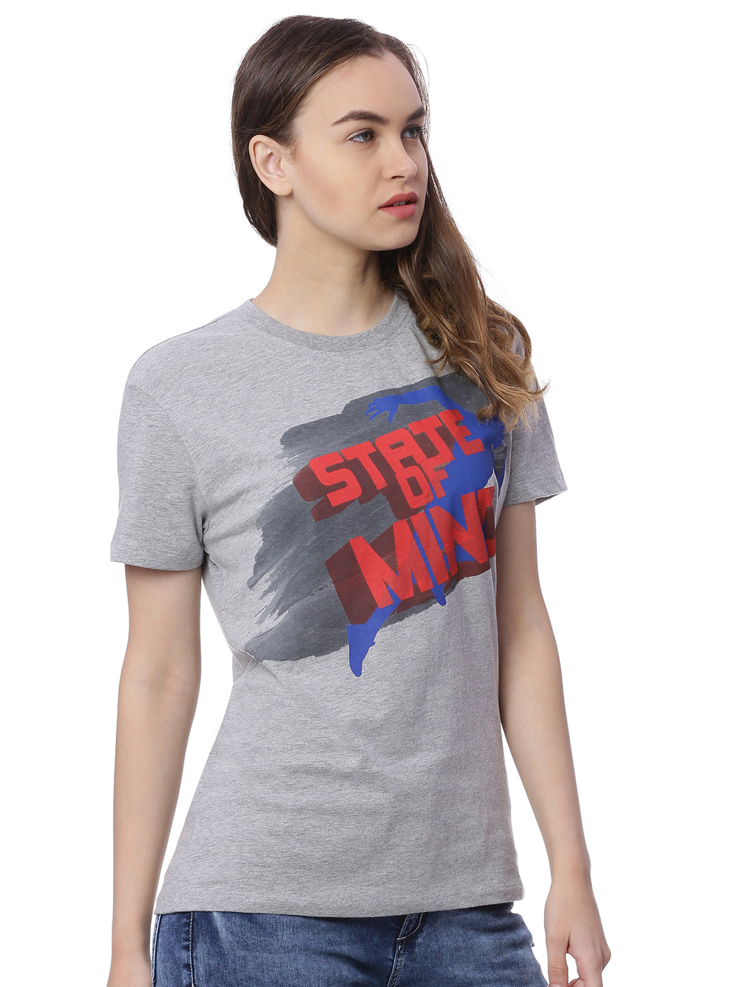 Wolfpack State Of Mind Grey Melange Printed Women T-Shirt