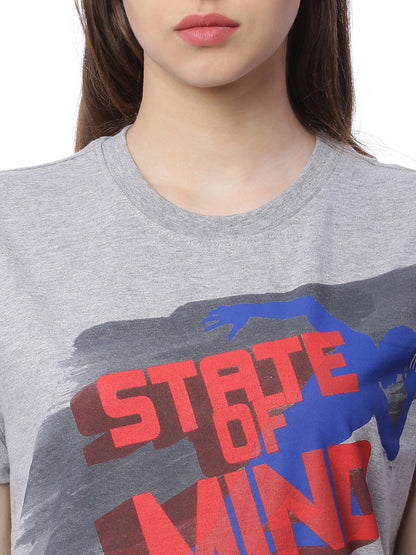 Wolfpack State Of Mind Grey Melange Printed Women T-Shirt