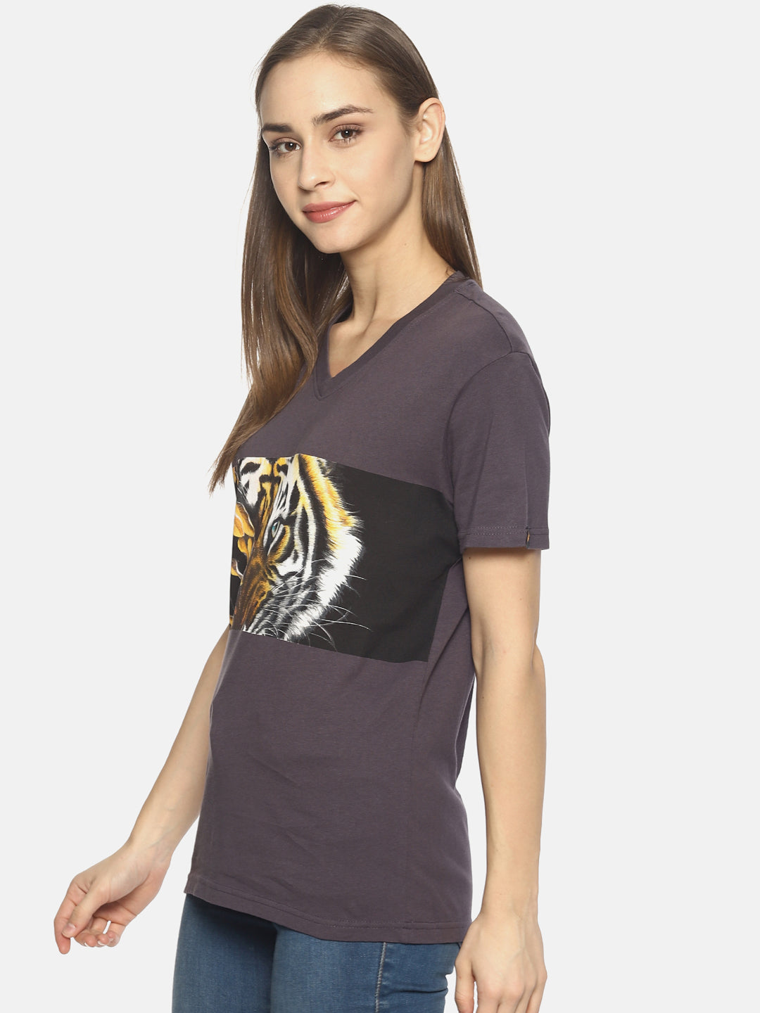 Wolfpack Tiger Eyes with Leaves Dark Grey Printed Women T-Shirt