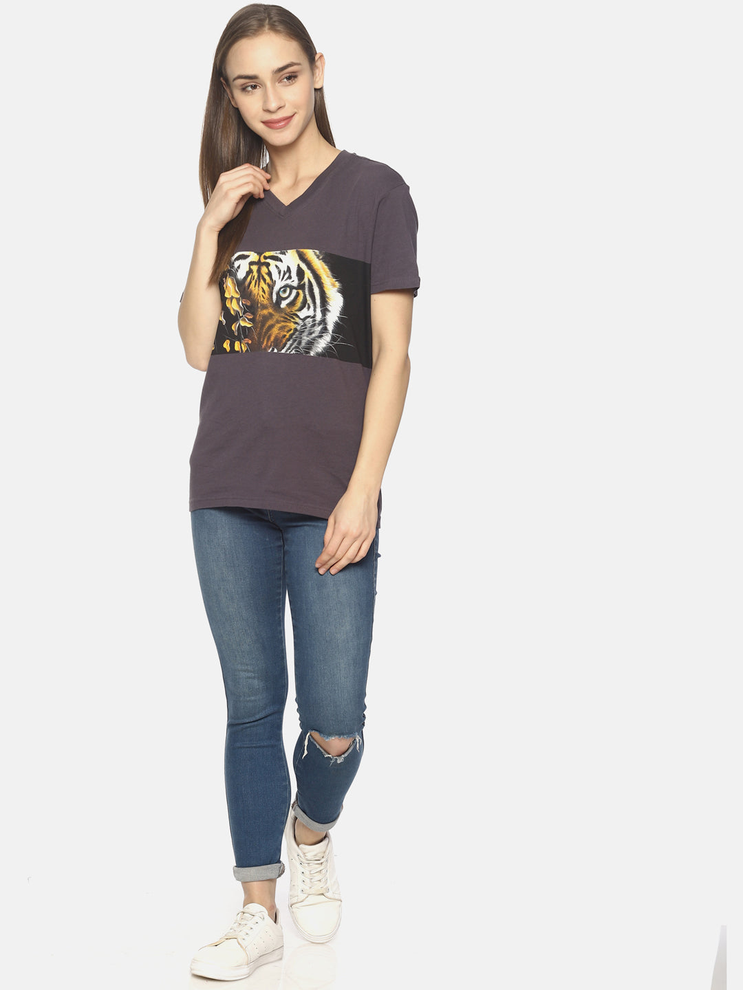 Wolfpack Tiger Eyes with Leaves Dark Grey Printed Women T-Shirt