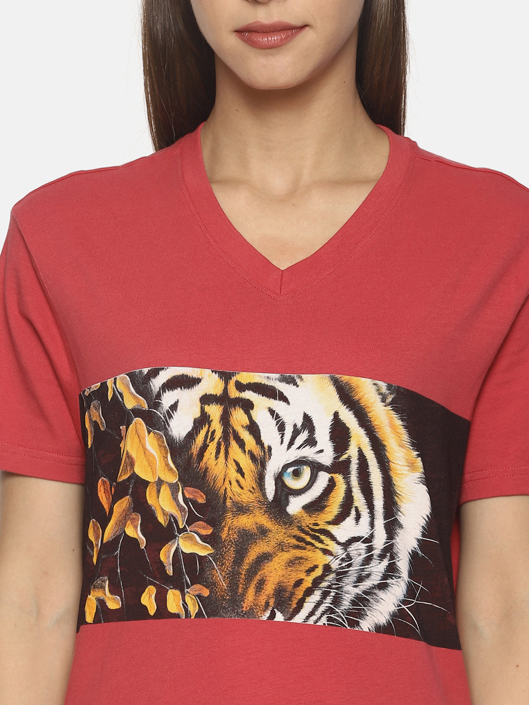 Wolfpack Tiger Eyes with Leaves Dark Pink Women T-Shirt Wolfpack