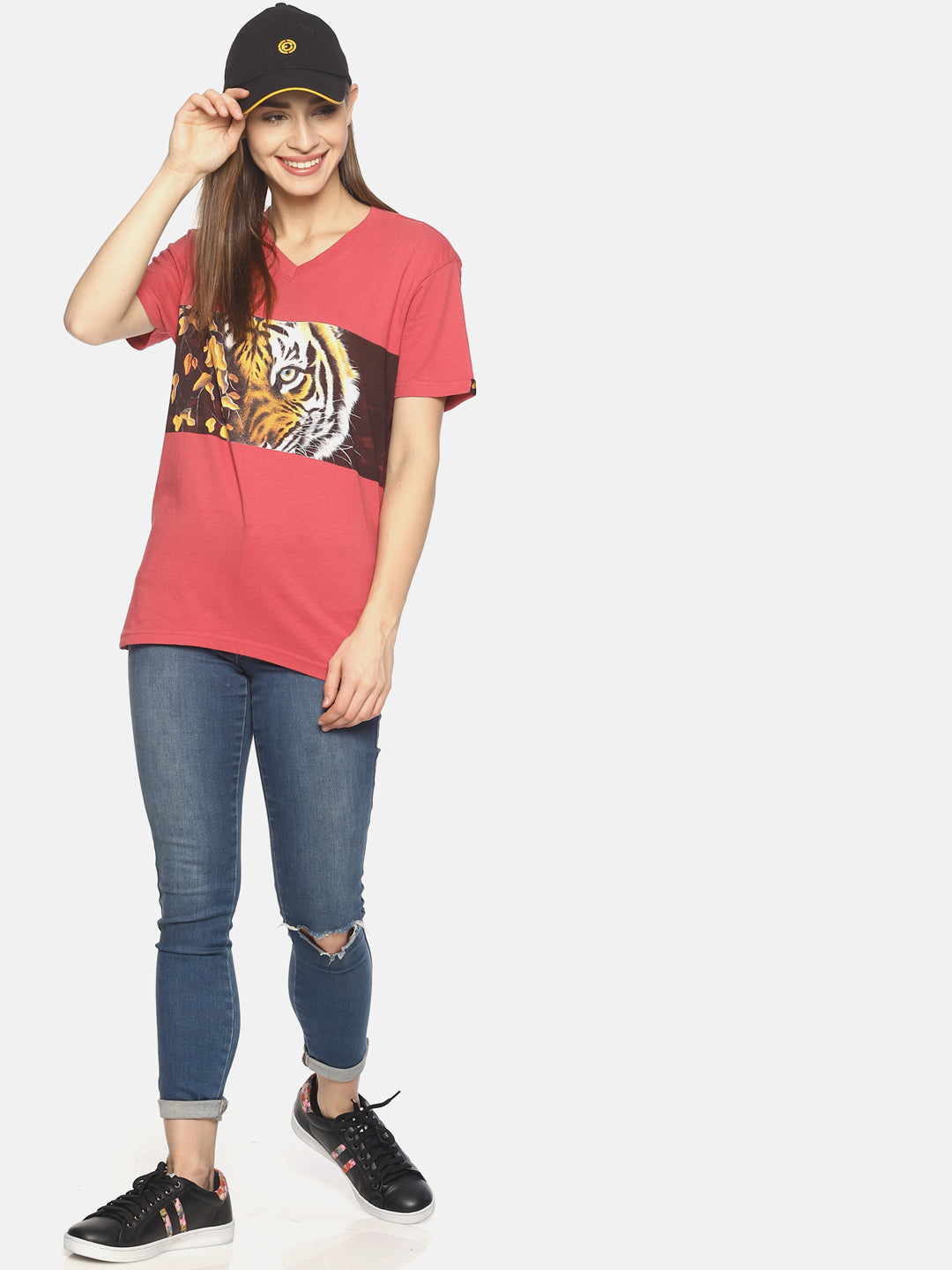 Wolfpack Tiger Eyes with Leaves Dark Pink Women T-Shirt Wolfpack
