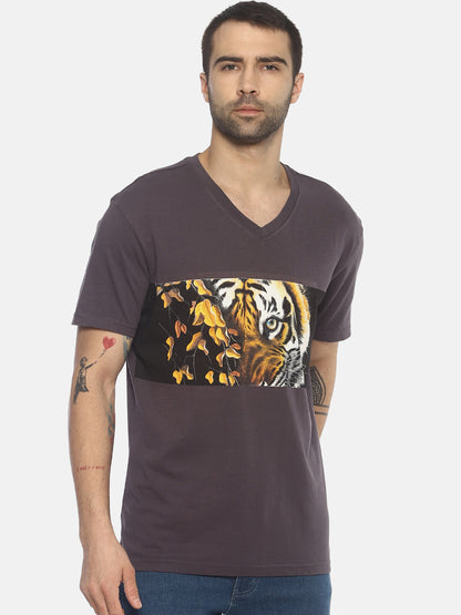 Tiger Eyes With Leaves Dark Grey Printed Men T-Shirt Wolfpack
