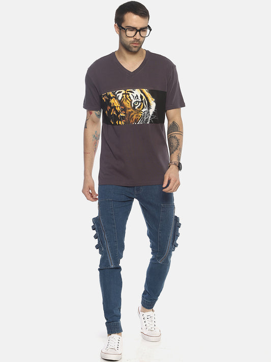 Tiger Eyes With Leaves Dark Grey Printed Men T-Shirt Wolfpack