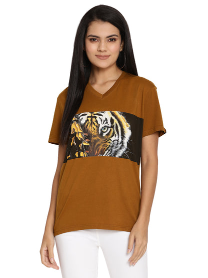 Wolfpack Tiger Eyes with Leaves Golden Brown Printed Women T-Shirt Wolfpack