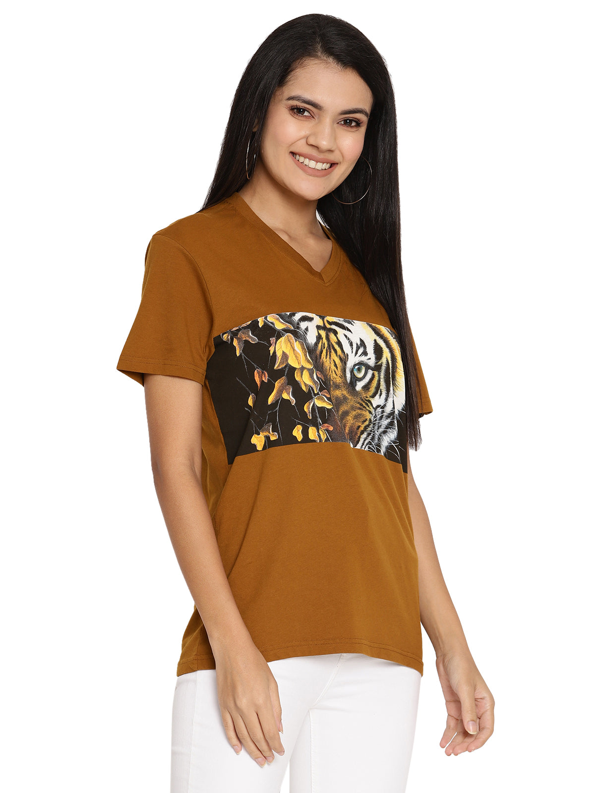 Wolfpack Tiger Eyes with Leaves Golden Brown Printed Women T-Shirt Wolfpack