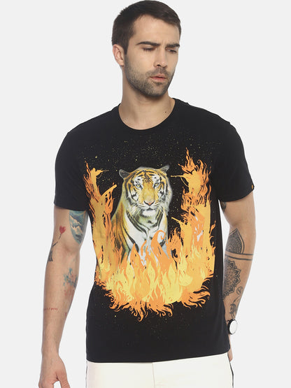 Tiger Forest Fire Black Printed Men T-Shirt Wolfpack