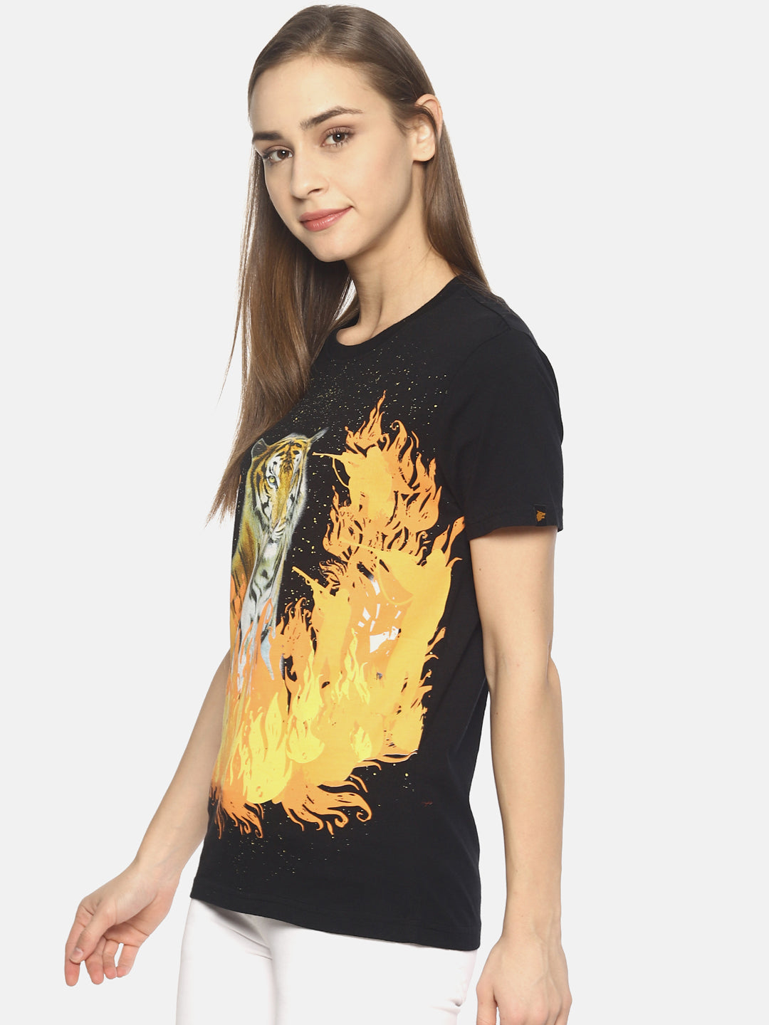 Wolfpack Tiger Forest Fire Black Printed Women T-Shirt