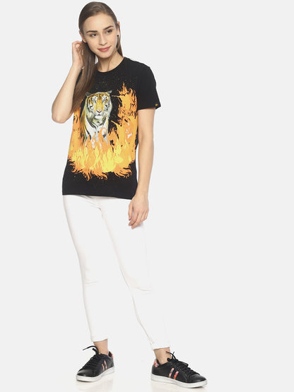 Wolfpack Tiger Forest Fire Black Printed Women T-Shirt