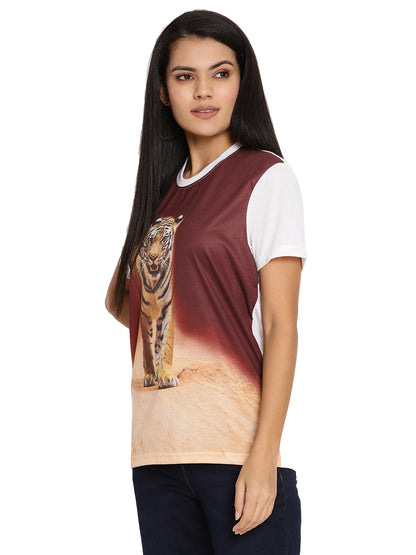 Wolfpack Tiger Head On Poly Brown with White Printed Women T-Shirt Wolfpack