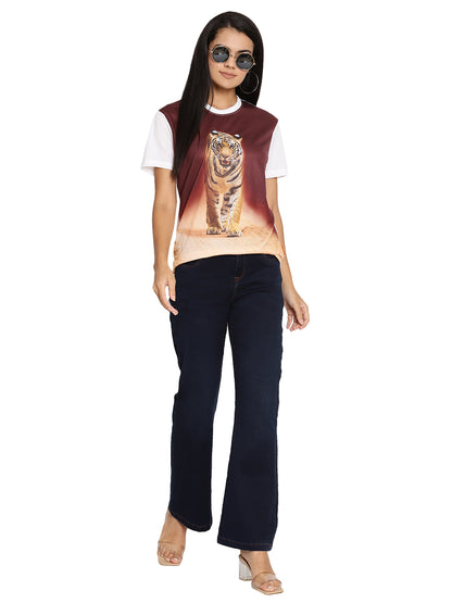Wolfpack Tiger Head On Poly Brown with White Printed Women T-Shirt Wolfpack