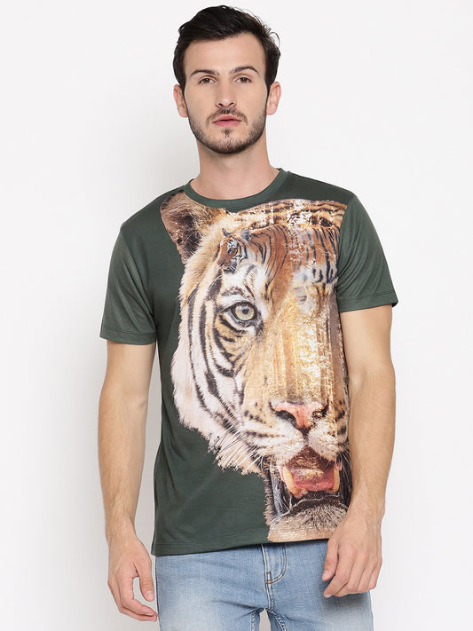 Tiger Side Green Printed Men T-Shirt
