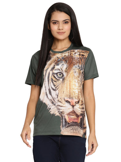 Wolfpack Tiger Side Green Printed Women T-Shirt