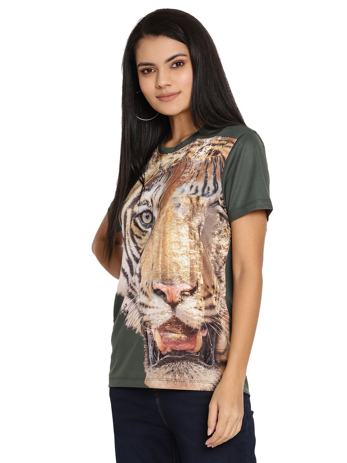 Wolfpack Tiger Side Green Printed Women T-Shirt