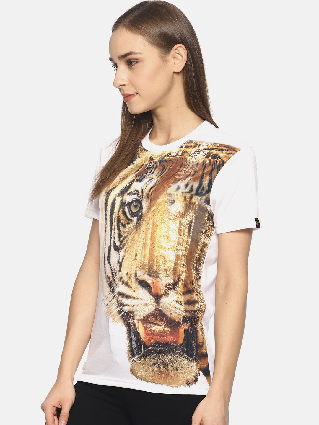 Wolfpack Tiger Side White Printed Women T-Shirt Wolfpack