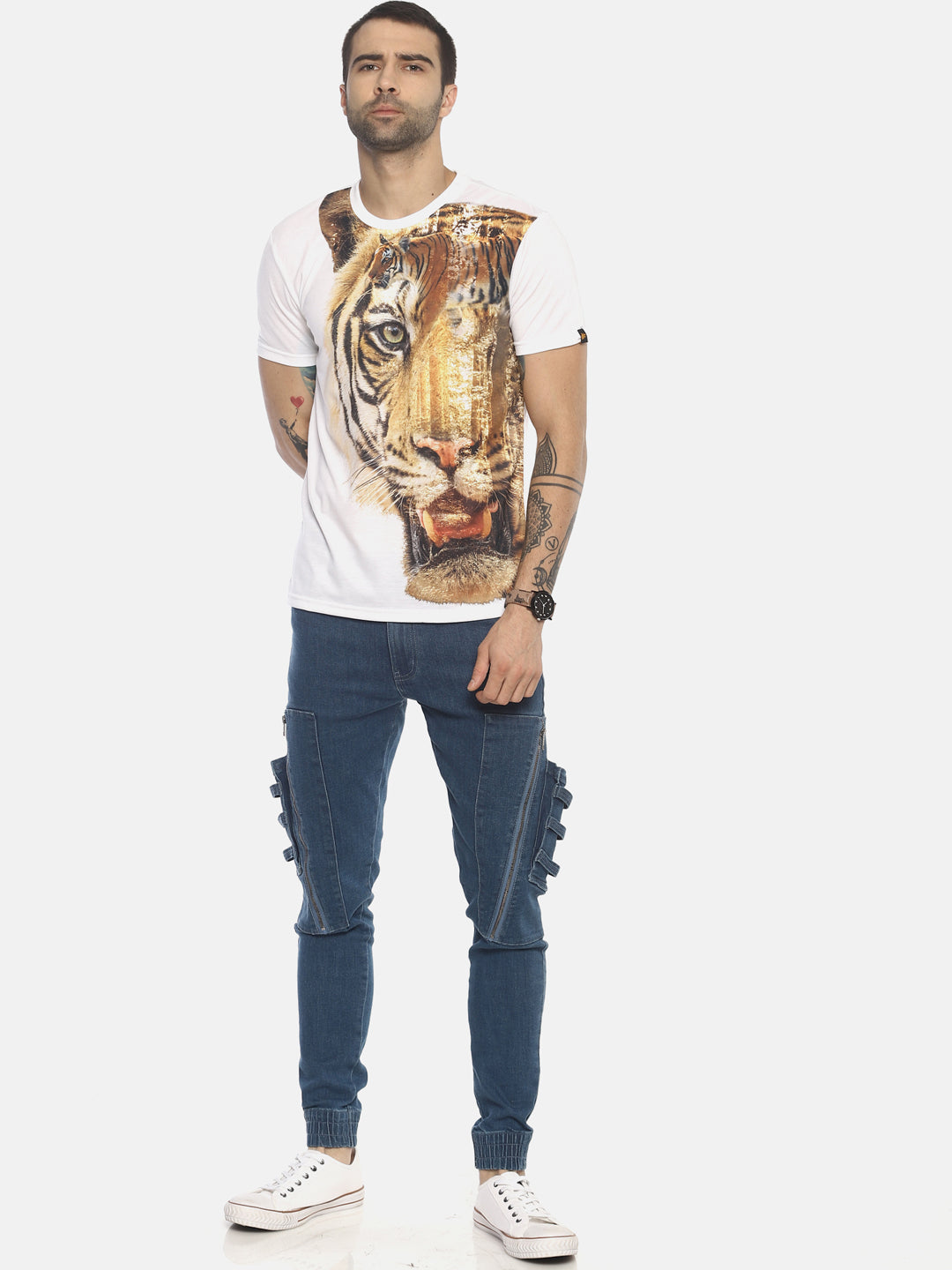 Tiger Side White Polyester Printed Men T-Shirt Wolfpack