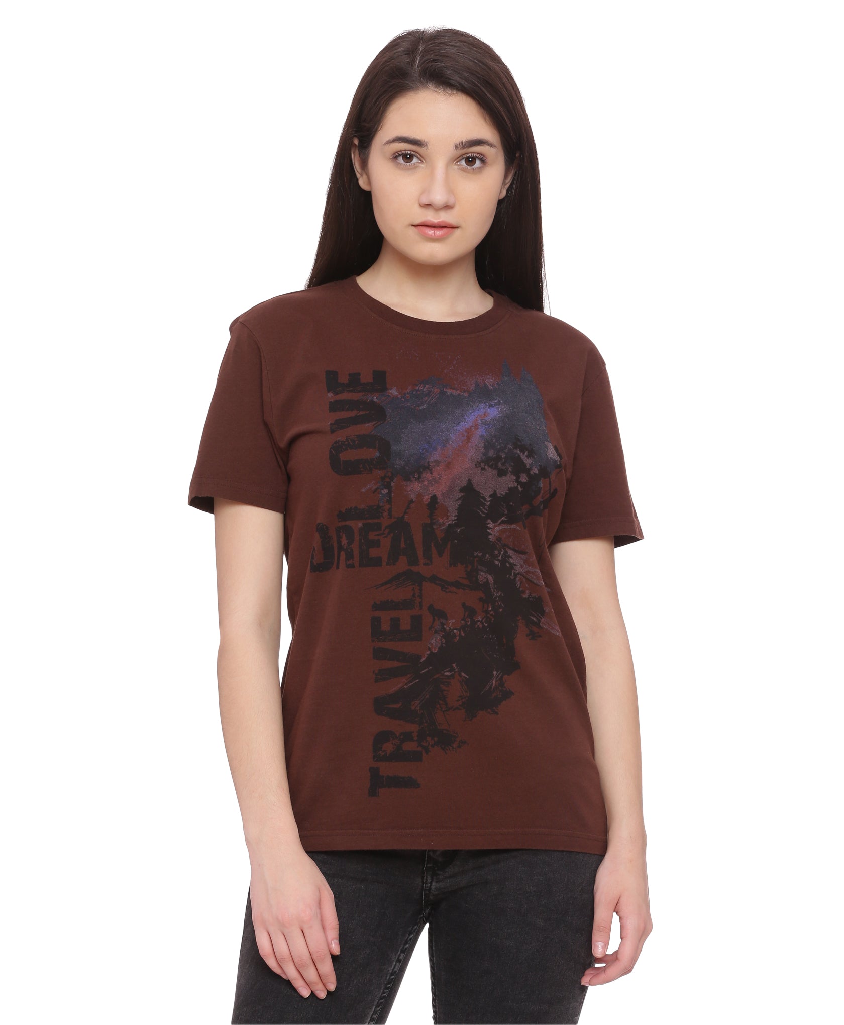 Wolfpack Travel Dream Chocolate Brown Printed Women T-Shirt Wolfpack