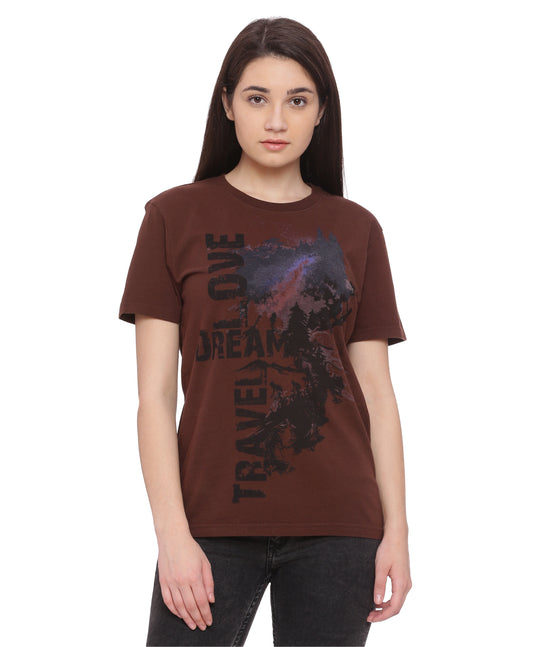 Wolfpack Travel Dream Chocolate Brown Printed Women T-Shirt Wolfpack