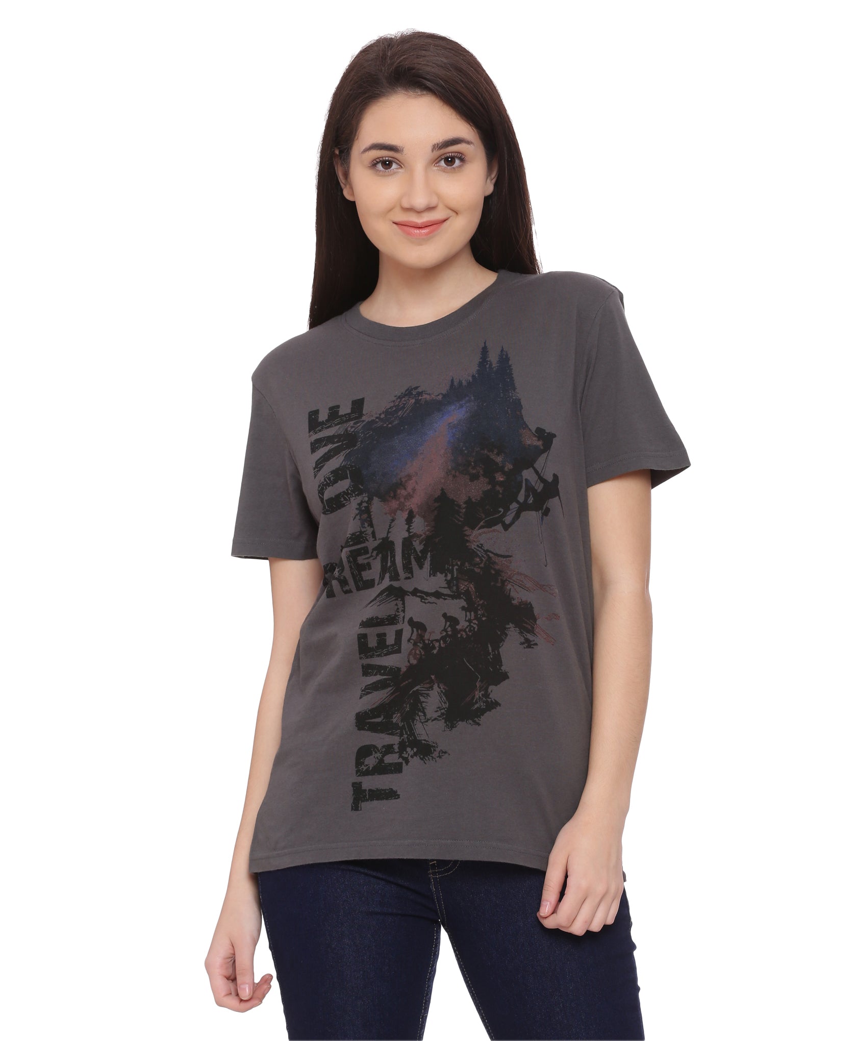 Wolfpack Travel Dream Dark Grey Printed Women T-Shirt Wolfpack