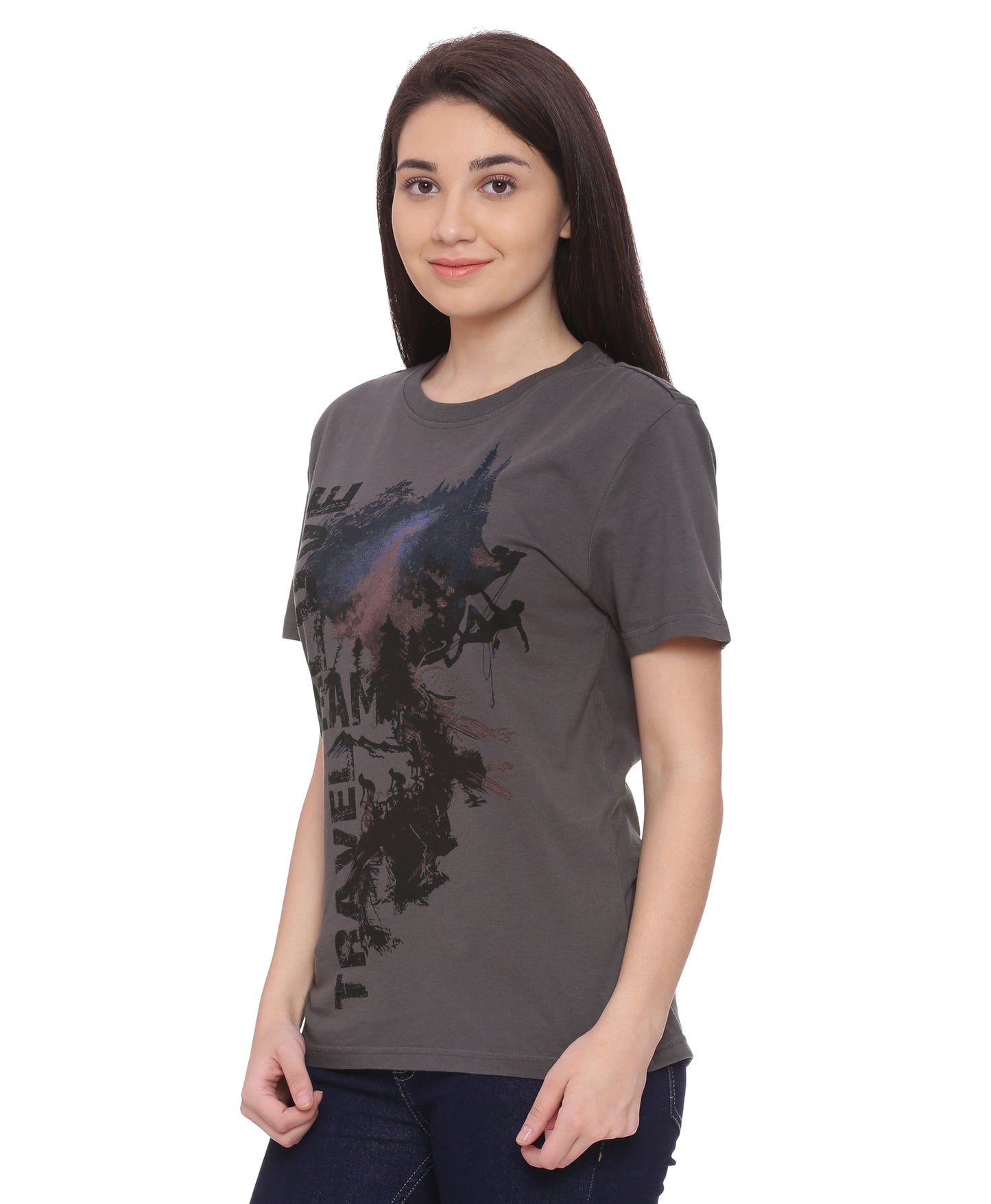 Wolfpack Travel Dream Dark Grey Printed Women T-Shirt Wolfpack