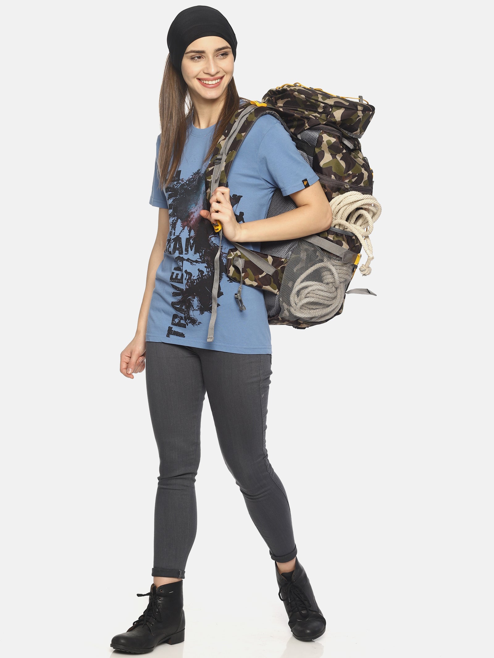 Wolfpack Travel Dream Mid Vel Blue Printed Women T-Shirt Wolfpack