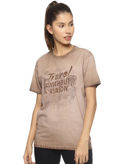 Wolfpack Travel Without Reason Brown Printed Women T-Shirt Wolfpack