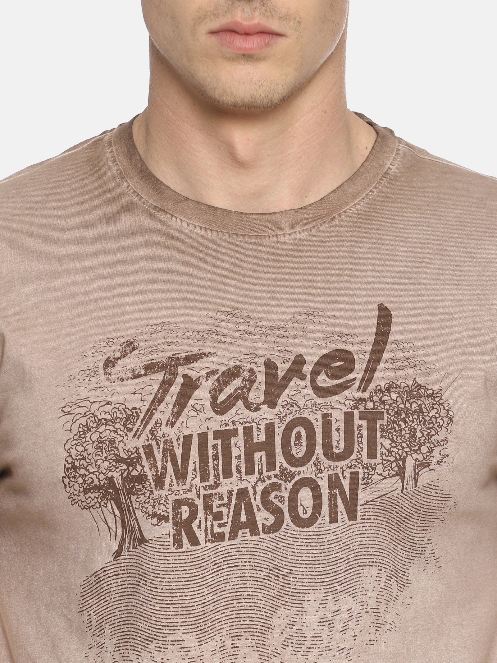 Travel Without Reason Brown Printed Men T-Shirt Wolfpack