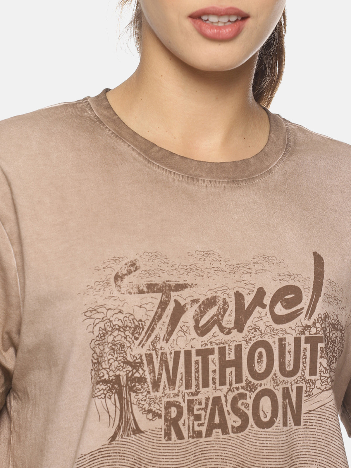 Wolfpack Travel Without Reason Brown Printed Women T-Shirt Wolfpack
