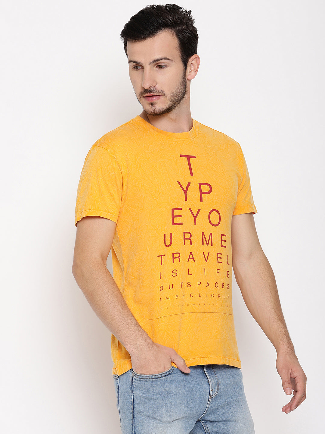 Travel is Life Crinkle Wash Yellow Printed Men T-Shirt