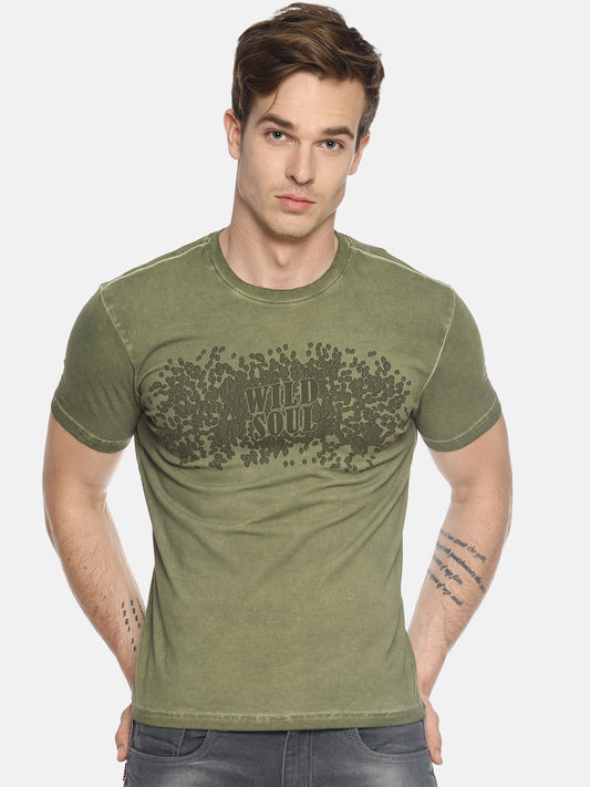 Wild Soul Green Printed Men T-Shirt Wolfpack
